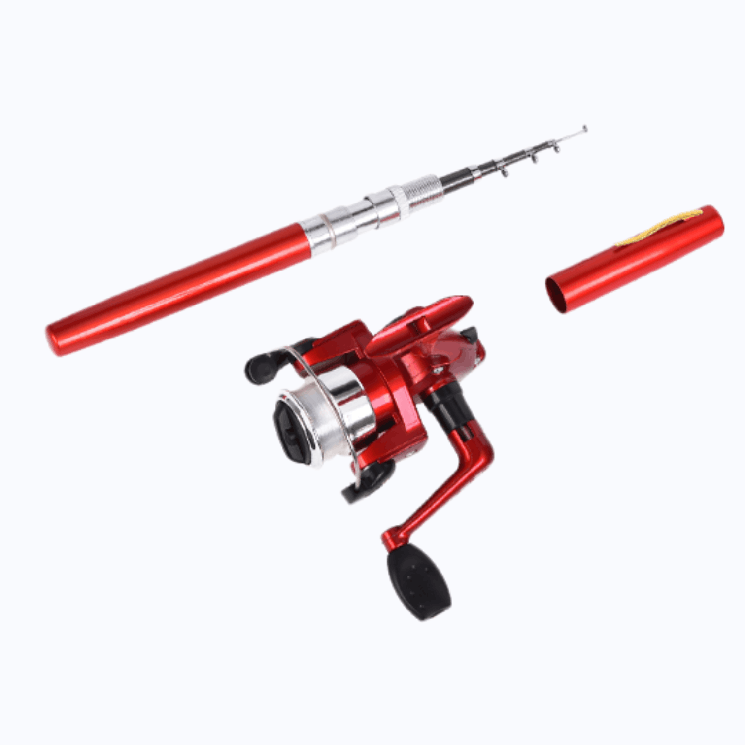 LikeFishing Pro Mini Portable Fishing Rod and Reel 1 LikeFishing Pro mini portable pen style fishing rod with spinning reel and telescopic design in red and silver for travel fishing