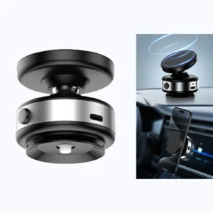 VacHold Pro vacuum car phone holder with strong suction grip and 360 rotation mounted on dashboard holding smartphone securely