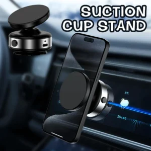 VacHold Pro vacuum car phone holder with strong suction grip and 360 rotation mounted on dashboard holding smartphone securely