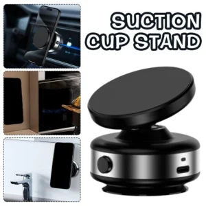 VacHold Pro vacuum car phone holder with strong suction grip and 360 rotation mounted on dashboard holding smartphone securely