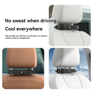 CoolSeat Pro car seat cooling fan attached to headrest providing airflow to keep driver cool and comfortable