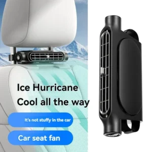 CoolSeat Pro car seat cooling fan attached to headrest providing airflow to keep driver cool and comfortable