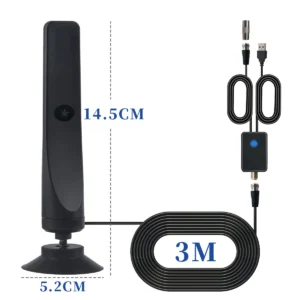 TVMaster Pro Indoor Digital TV Antenna 10 TVMaster Pro indoor digital TV antenna with USB power and signal booster connected to television for clear channel reception