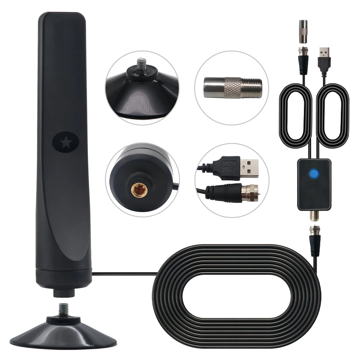TVMaster Pro Indoor Digital TV Antenna 2 TVMaster Pro indoor digital TV antenna with USB power and signal booster connected to television for clear channel reception