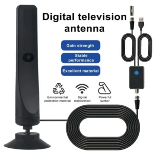 TVMaster Pro Indoor Digital TV Antenna 7 TVMaster Pro indoor digital TV antenna with USB power and signal booster connected to television for clear channel reception