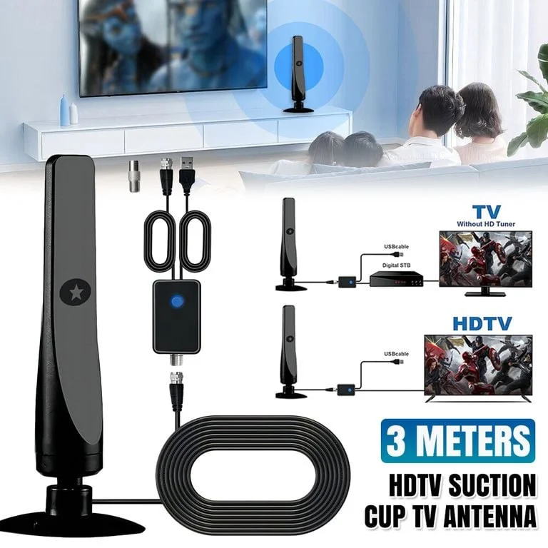 TVMaster Pro Indoor Digital TV Antenna 4 TVMaster Pro indoor digital TV antenna with USB power and signal booster connected to television for clear channel reception