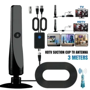 TVMaster Pro Indoor Digital TV Antenna 12 TVMaster Pro indoor digital TV antenna with USB power and signal booster connected to television for clear channel reception