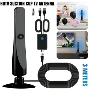 TVMaster Pro Indoor Digital TV Antenna 9 TVMaster Pro indoor digital TV antenna with USB power and signal booster connected to television for clear channel reception