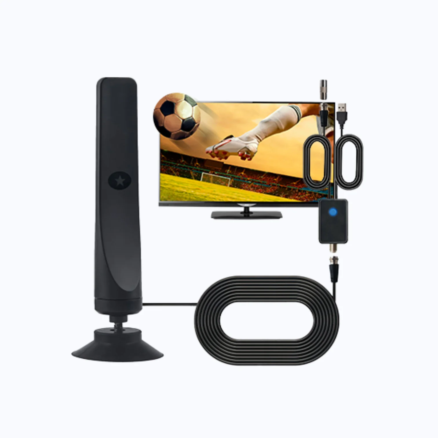 TVMaster Pro Indoor Digital TV Antenna 1 TVMaster Pro indoor digital TV antenna with USB power and signal booster connected to television for clear channel reception